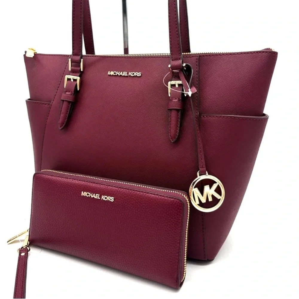 Michael Kors Large Charlotte TZ Tote Bag & Large Continental Wallet Dark Cherry - Picture 2 of 13
